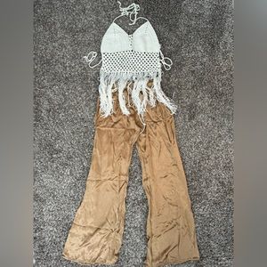 Gold satin wide leg pants and knit top